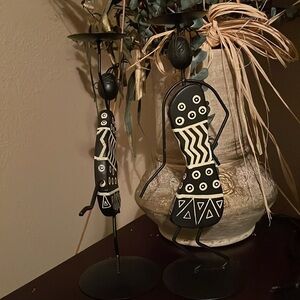 Lot of 2~A pair of Vintage Wrought Iron wood Pillar Candleholders/African Decor